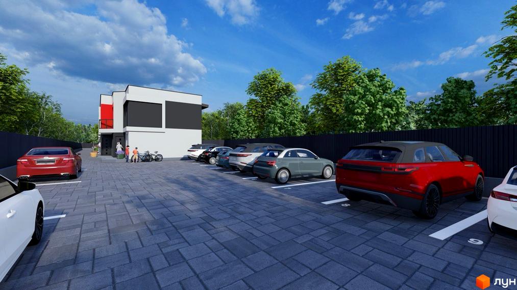 Зображення сторінки Житлового комплексу Belissimo з парковкою та автомобілями. Вигляд будинку з прибудинковою територією.