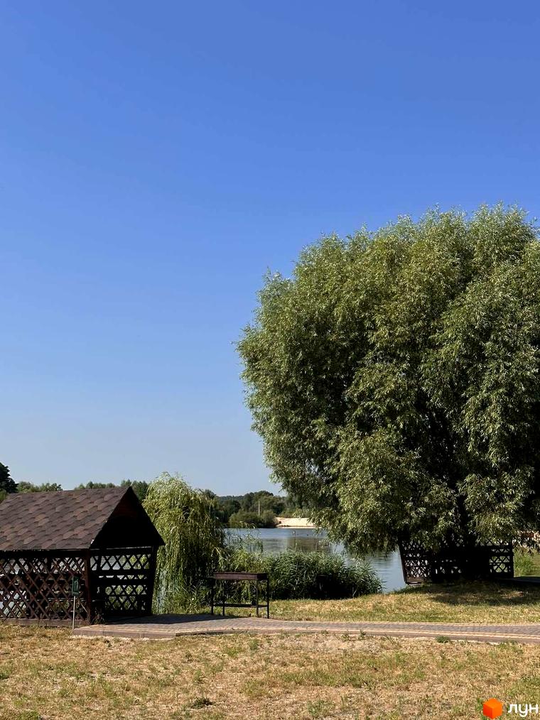 Житловий комплекс Riviera: затишна альтанка та велике дерево біля річки. Прибудинкова територія з травою та доріжками.