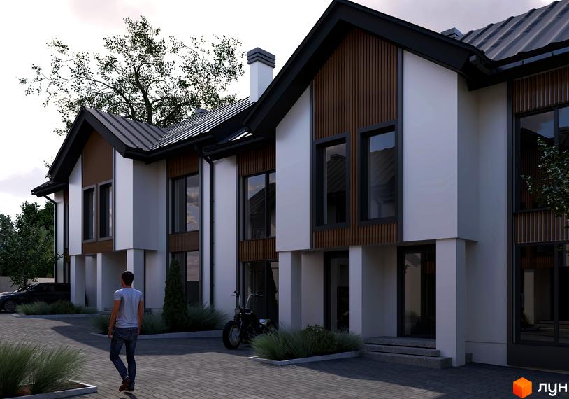 Котеджне містечко Spokiy Avenue: фасади будинків з дерев'яними елементами та великими вікнами, прибудинкова територія з бруківкою та зеленими насадженнями.