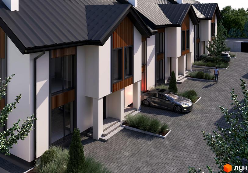 Котеджне містечко Spokiy Avenue: фасади будинків з панорамними вікнами та дерев'яними елементами, вимощена бруківкою прибудинкова територія з автомобілями та зеленими насадженнями.