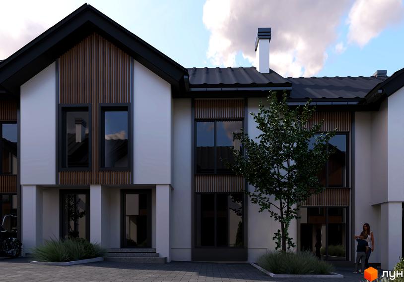 Котеджне містечко Spokiy Avenue: фасади будинків з панорамними вікнами та дерев'яними елементами, доглянута прибудинкова територія з деревами та доріжками.