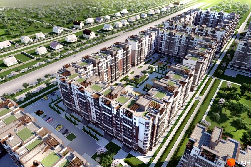 Житловий комплекс Львівський маєток - це сучасна забудова з багатоповерховими будинками та доглянутою прибудинковою територією. На зображенні видно фасади будівель, зелені зони та місця для паркування.