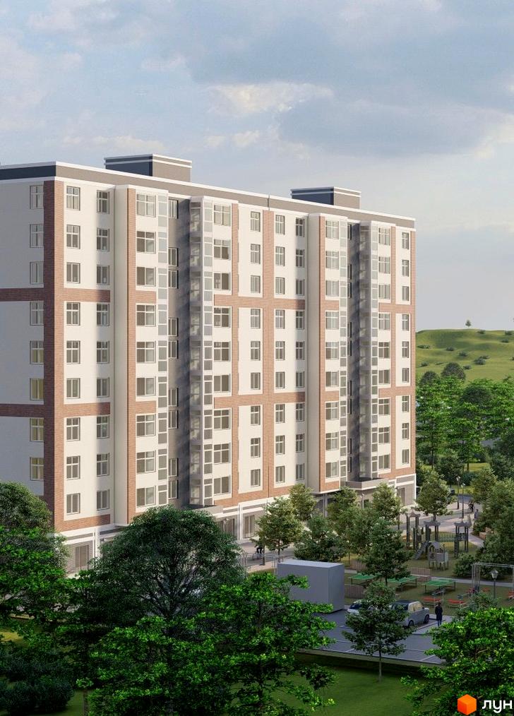 Зовнішній вигляд багатоповерхового будинку ЖК Центр з цегляними елементами та великими вікнами. Прибудинкова територія з дитячим майданчиком та зеленими насадженнями.