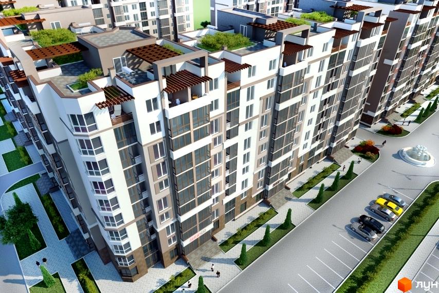 Візуалізація житлового комплексу Львівський маєток з біло-сірими фасадами, скляними балконами та терасами. На прибудинковій території облаштовано паркінг та зелені зони.