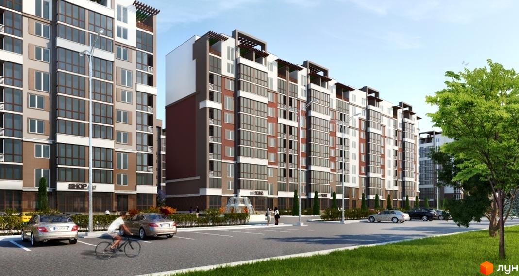 Житловий комплекс Львівський маєток - фасади будівель з панорамними вікнами, паркінг та зелена зона. Сучасна архітектура новобудови.