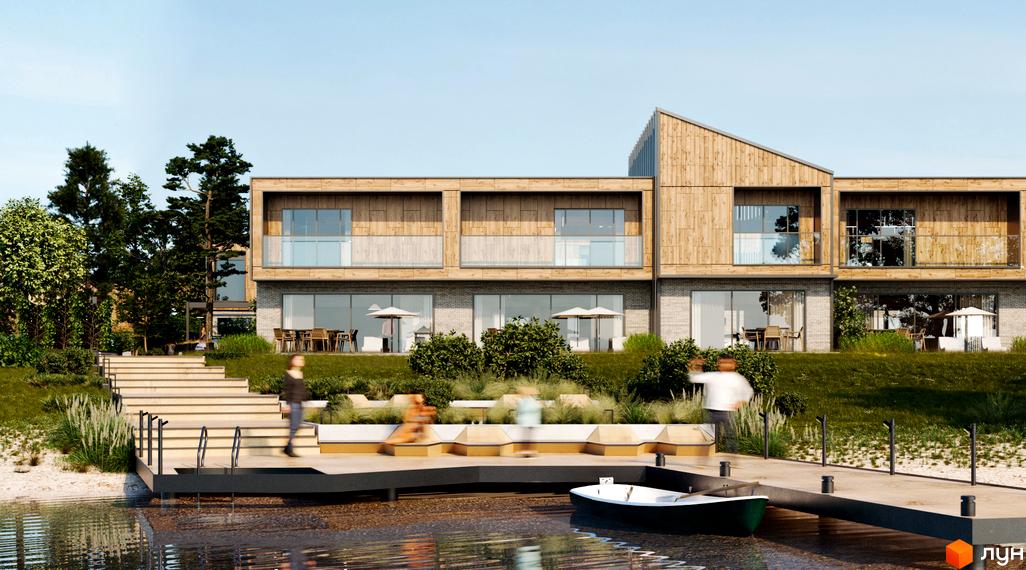 Котеджне містечко КМ Koreni Сlub: двоповерхові будинки з дерев'яним фасадом та цегляною основою, розташовані біля води з причалом та зоною відпочинку.