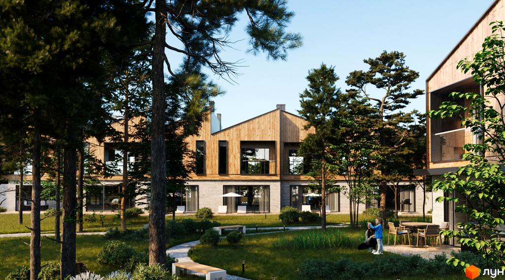 Котеджне містечко КМ Koreni Сlub з дерев'яними фасадами та цегляною основою, оточене соснами. Територія комплексу має доглянутий газон, доріжки та місця для відпочинку.