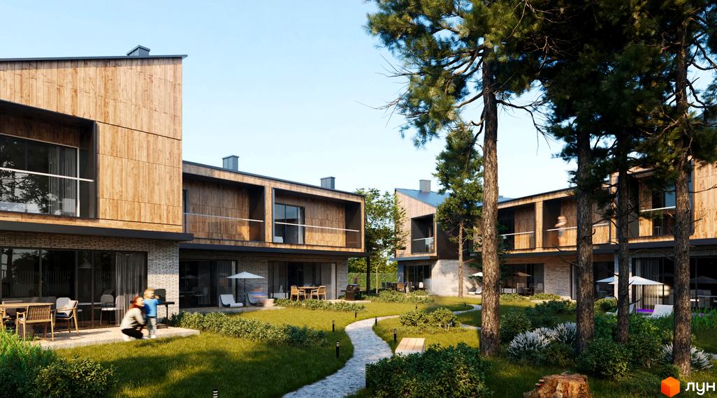 Зовнішній вигляд котеджного містечка КМ Koreni Сlub з дерев'яними фасадами та зеленою прибудинковою територією. На території є доріжки, газони та дерева.