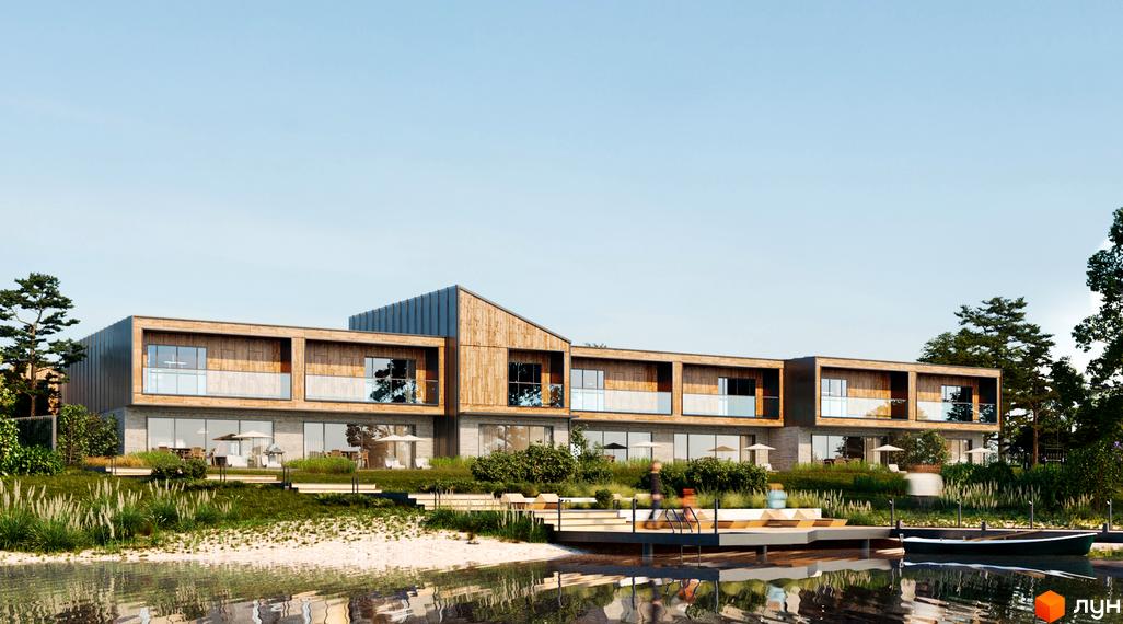 Котеджне містечко Koreni Сlub: двоповерхові будинки з дерев'яними фасадами та великими вікнами, розташовані на березі водойми з піщаним пляжем та пристанню.