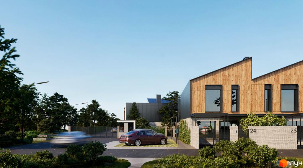 Котеджне містечко КМ Koreni Сlub. Сучасні будинки з дерев'яними фасадами та великими вікнами, прибудинкова територія з зеленими насадженнями та парковкою.