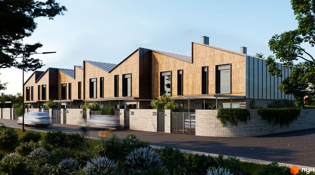 Зовнішній вигляд будинків КМ Koreni Сlub з дерев'яним фасадом та сірими металевими елементами. Прибудинкова територія з цегляною огорожею та зеленню.