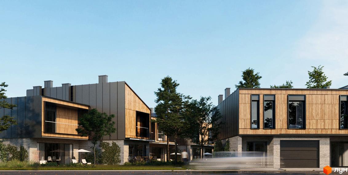 Котеджне містечко КМ Koreni Сlub: сучасні будинки з дерев'яним фасадом та цегляною основою, зелена прибудинкова територія з деревами та місцями для відпочинку.