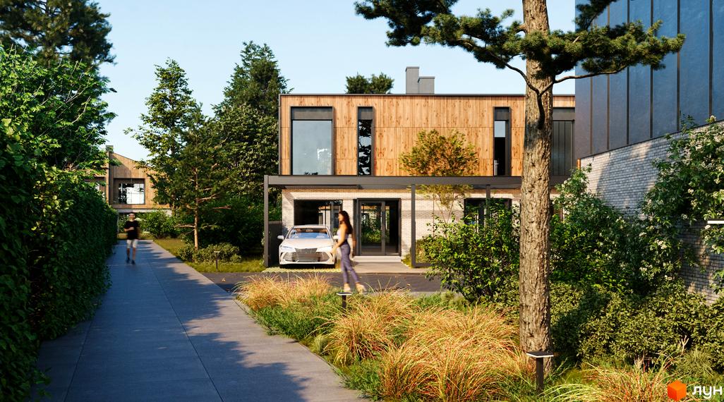 Котеджне містечко КМ Koreni Сlub. Сучасний двоповерховий будинок з дерев'яним фасадом та цегляною основою, оточений зеленню та доріжкою для прогулянок.