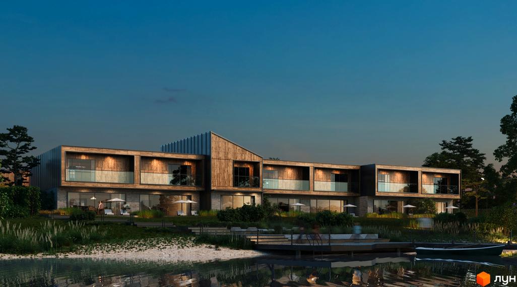 Котеджне містечко КМ Koreni Сlub: двоповерхові будинки з дерев'яними фасадами та скляними балконами, розташовані на березі водойми з пристанню та човном.