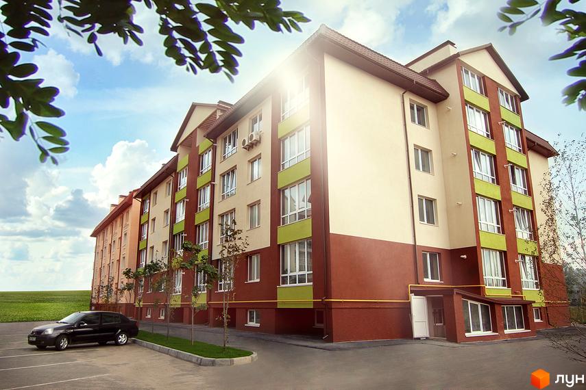 Зовнішній вигляд багатоповерхового будинку ЖК Львівський маєток з зеленими та червоними елементами фасаду. Прибудинкова територія з парковкою та автомобілем.