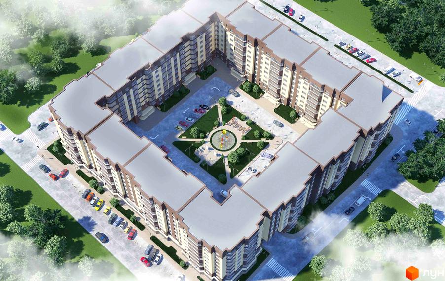 Житловий комплекс Домашній - вид зверху на будівлі та внутрішній двір з дитячим майданчиком та парковкою. Сучасна новобудова з доглянутою територією.