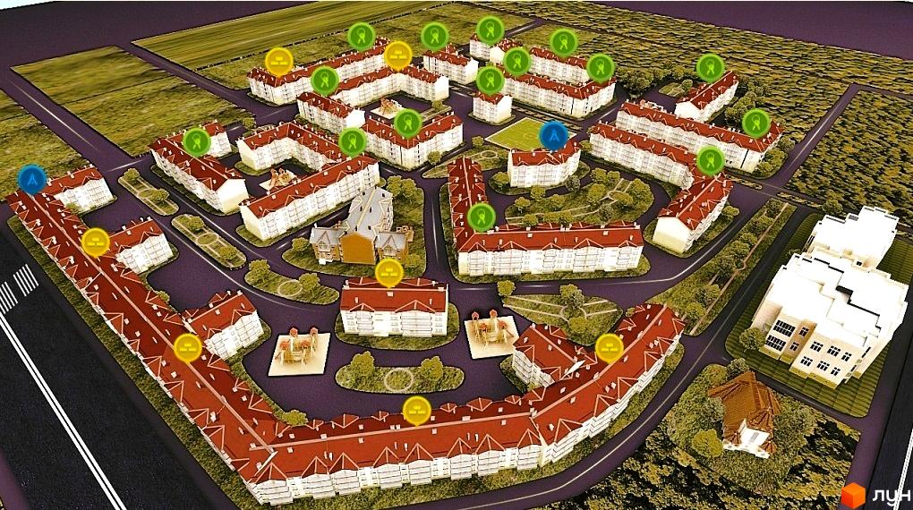 Житловий комплекс Львівський маєток - візуалізація забудови з червоними дахами та зеленими зонами. Комплекс має багатоповерхові будинки та зони відпочинку.