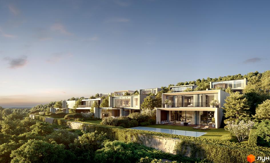 Lion Hills Villas - сучасний житловий комплекс на схилі пагорба з басейном та зеленими терасами. Будинки з панорамними вікнами та терасами, оточені деревами та кущами.