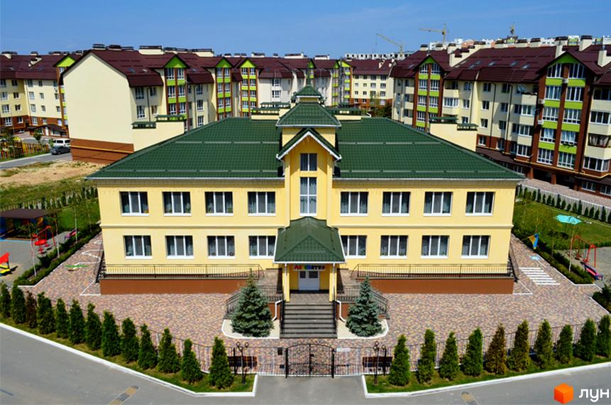 Житловий комплекс Львівський маєток: жовта будівля з зеленим дахом та дитячим майданчиком. Навколо будівлі розташовані дерева та паркан.