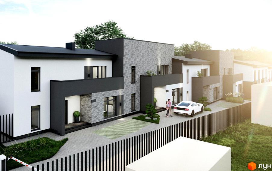 Таунхауси на Молодіжній: фасади будинків з сірої цегли та білої штукатурки, прибудинкова територія з паркуванням та огорожею.