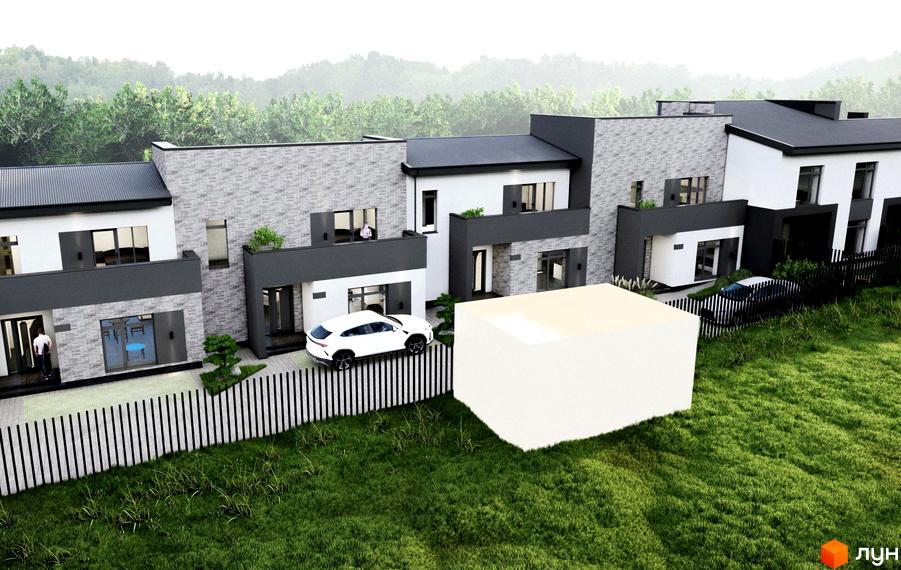 Таунхауси на Молодіжній: фасади будинків з сірої цегли та білої штукатурки, огороджена територія з газоном та парканом.