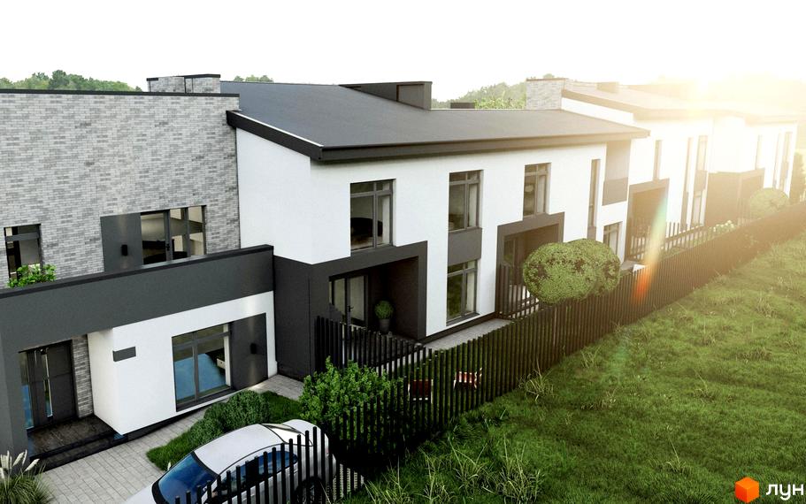 Таунхауси на Молодіжній: фасади будинків з сірої цегли та білої штукатурки, великі вікна, огороджена територія з зеленими насадженнями. Парковка біля будинку.