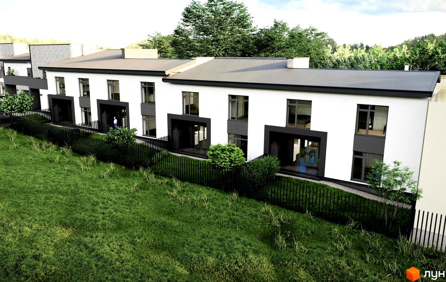 Таунхауси на Молодіжній: двоповерхові будинки білого кольору з темними віконними рамами та входами. Навколо будівель зелена галявина та огорожа.