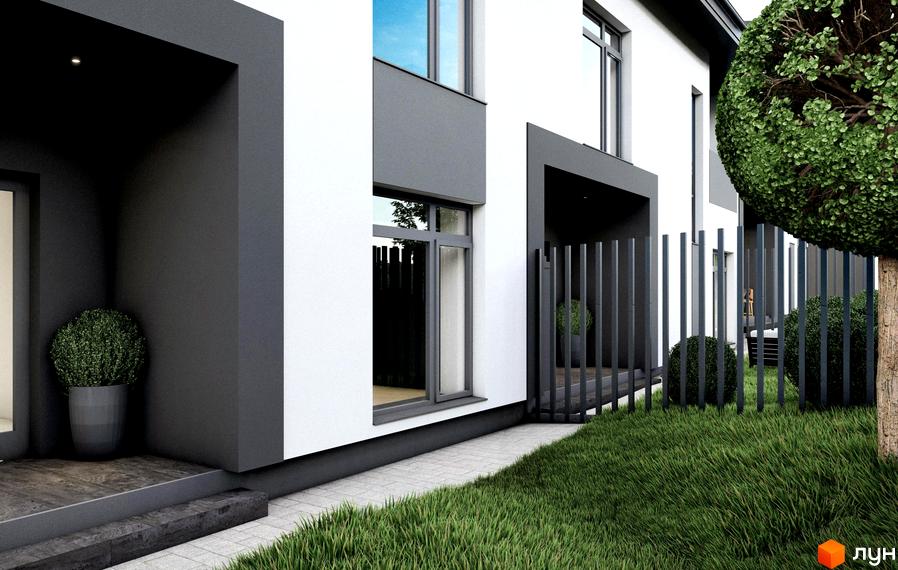 Таунхауси на Молодіжній: фасади будівель з великими вікнами та сірими елементами, огороджена територія з доглянутим газоном та кущами.