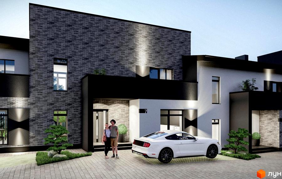 Таунхауси на Молодіжній: сучасний фасад з цегляним оздобленням та прибудинкова територія з автомобілем та зеленими насадженнями.