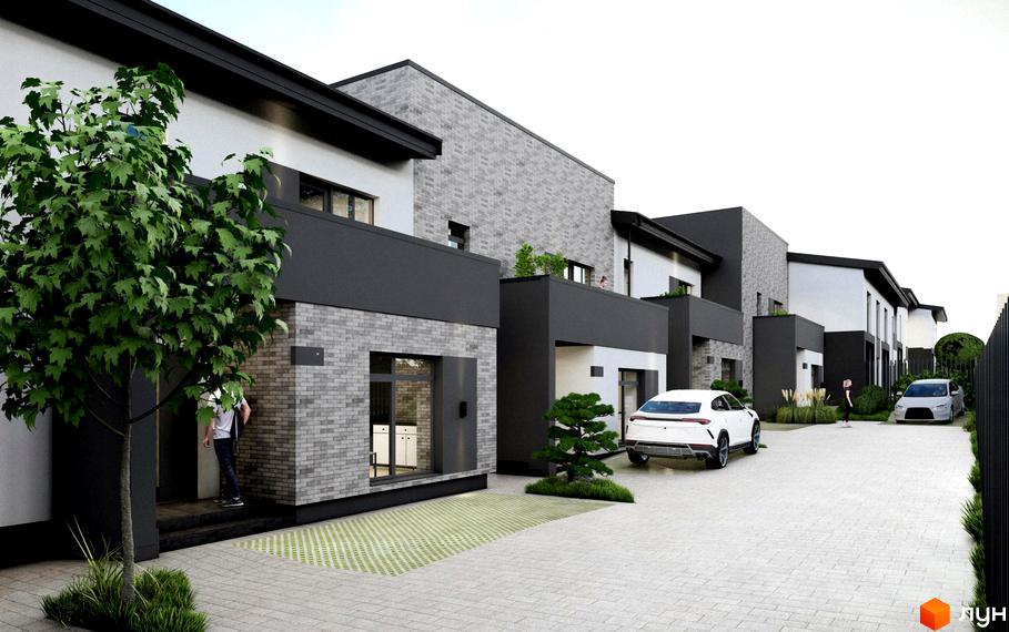 Таунхауси на Молодіжній: фасади будинків з сірої цегли та білої штукатурки, прибудинкова територія з паркуванням та зеленими насадженнями.