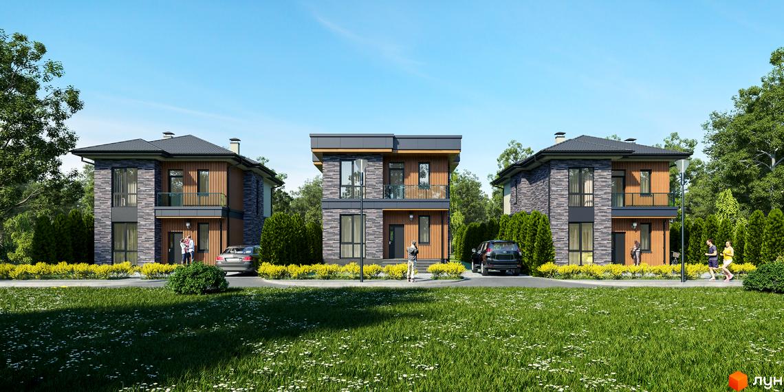 Котеджне містечко КМ Шале-Осокорки. Три двоповерхові будинки з сірим та дерев'яним фасадом, балконами, розташовані на зеленій ділянці з доглянутими кущами та газоном.