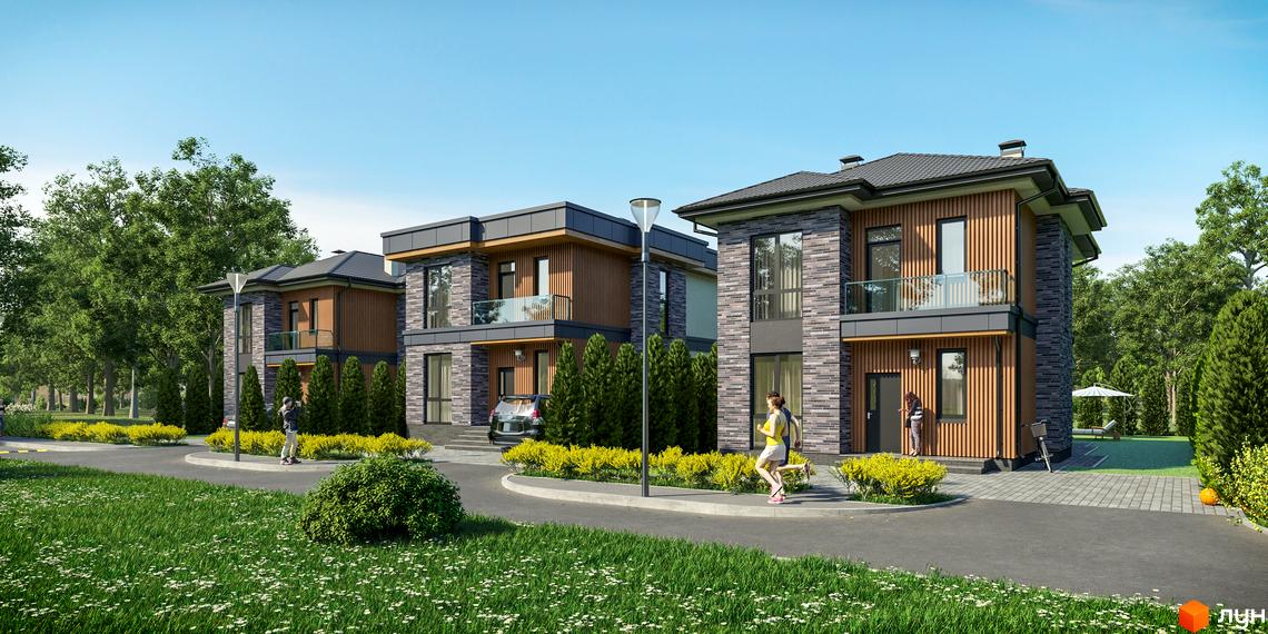 Котеджне містечко КМ Шале-Осокорки. Триповерхові будинки з кам'яним та дерев'яним фасадом, балконами та доглянутою прибудинковою територією з деревами та газоном.