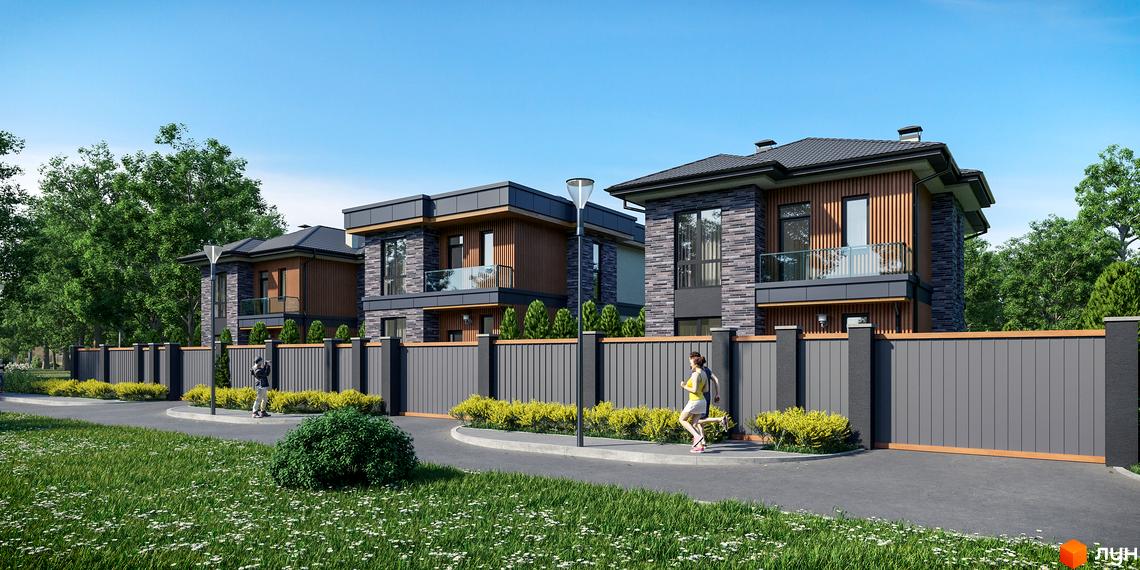 Котеджне містечко КМ Шале-Осокорки. Зовнішній вигляд будинків з сірого цегли та дерева, огороджена територія з доглянутим газоном та людьми, що займаються спортом.