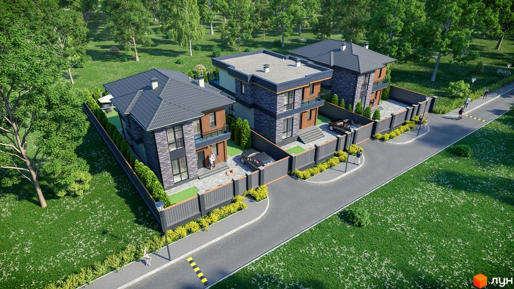 Котеджне містечко Шале-Осокорки: три двоповерхові будинки з сірою черепицею та кам'яним фасадом, огороджена територія з доглянутим газоном та деревами.