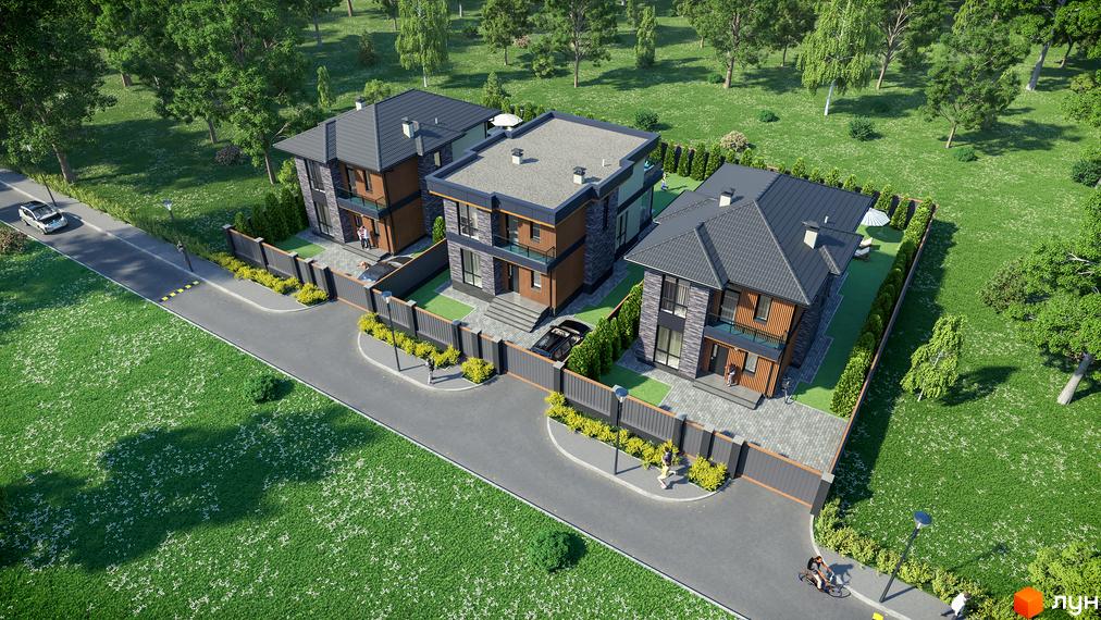 Котеджне містечко КМ Шале-Осокорки: три двоповерхові будинки з сірим дахом, кам'яним та дерев'яним фасадом, на тлі зеленої території з деревами та доглянутим газоном.