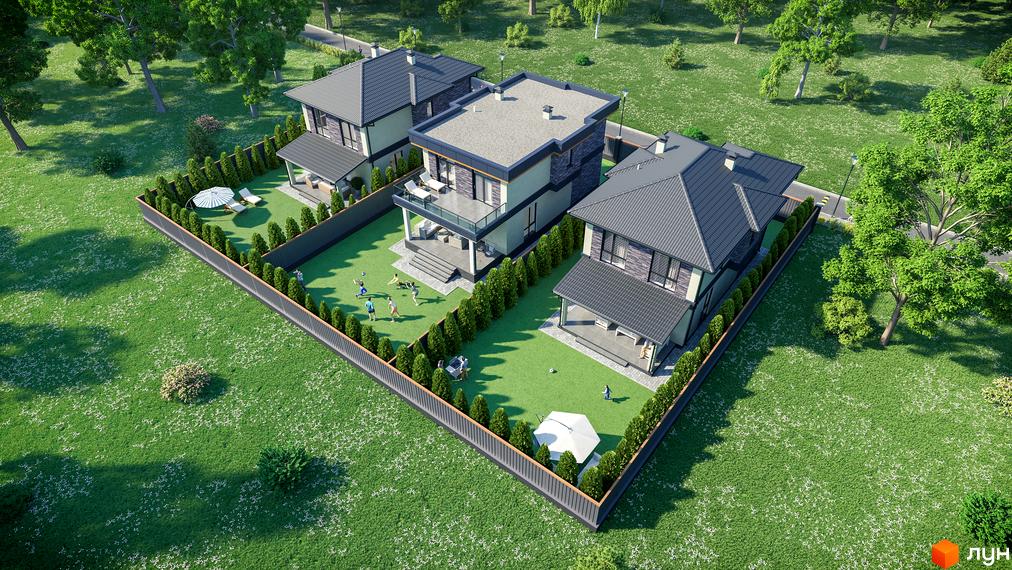 Котеджне містечко КМ Шале-Осокорки. Три двоповерхові будинки з сірими дахами та великими вікнами на зеленій ділянці з деревами та парканом.