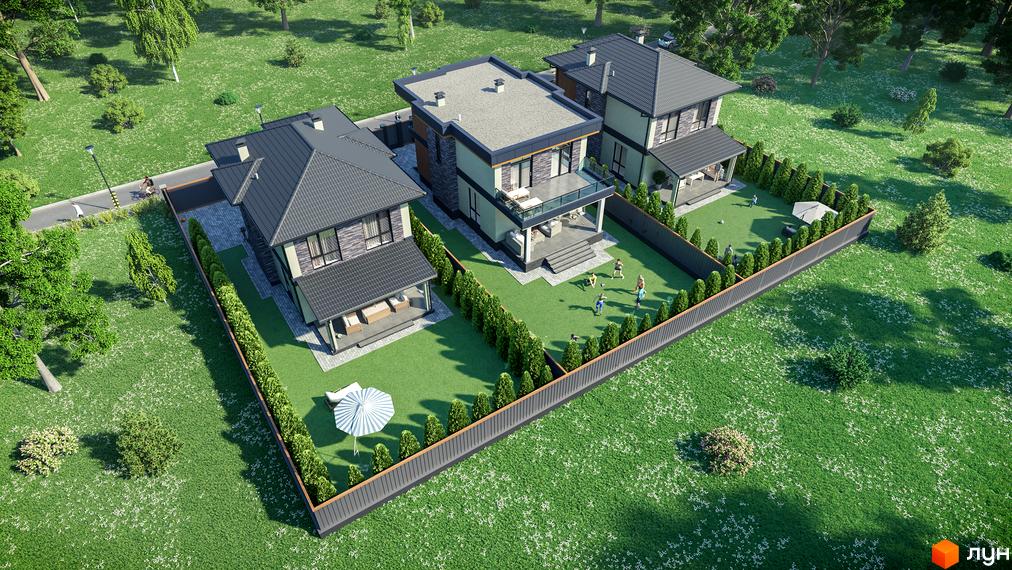 Котеджне містечко КМ Шале-Осокорки: три двоповерхові будинки з сірими дахами та великими вікнами на зеленій ділянці з парканом та деревами.