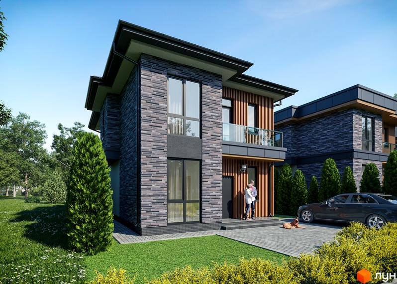 Котеджне містечко КМ Шале-Осокорки. Двоповерховий будинок з сірим фасадом та дерев'яними елементами, поруч зелений газон, дерева та припаркований автомобіль.