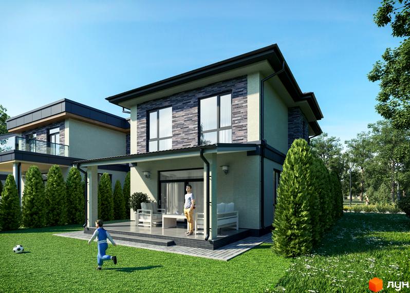 Котеджне містечко КМ Шале-Осокорки. Двоповерхові будинки з цегляним фасадом та терасою, зелений газон та дерева.