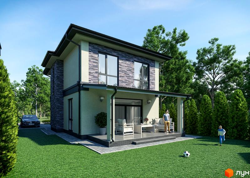 Котеджне містечко КМ Шале-Осокорки: двоповерховий будинок з терасою та великими вікнами, зелений газон та дерева навколо. На території грається дитина, стоїть автомобіль.