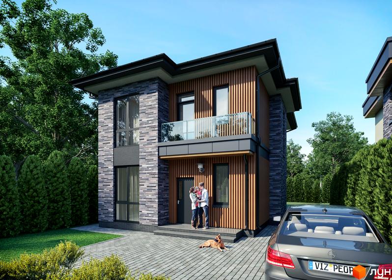Котеджне містечко КМ Шале-Осокорки. Зовнішній вигляд двоповерхового будинку з дерев'яними та цегляними елементами фасаду, балконом та прибудинковою територією з парканом та автомобілем.