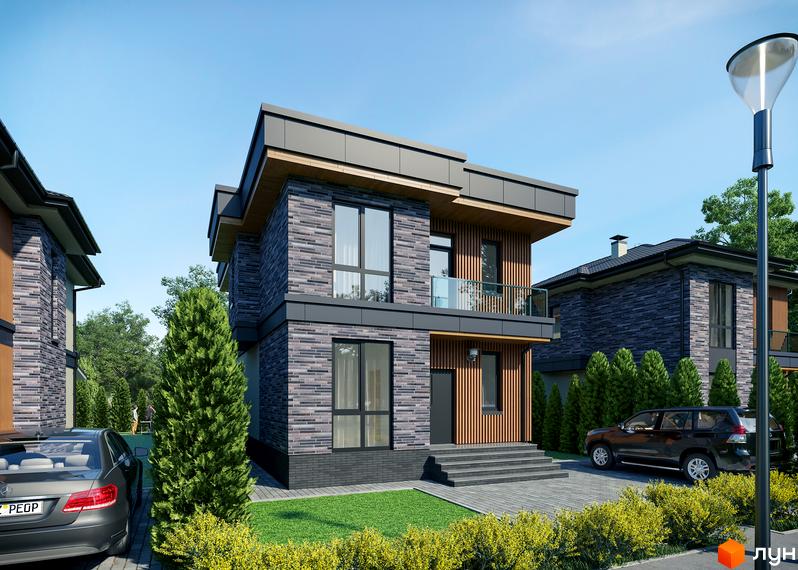 Котеджне містечко КМ Шале-Осокорки. Зовнішній вигляд двоповерхового будинку з сірого та дерев'яного оздоблення, вікнами та балконом, на тлі зелених дерев та блакитного неба.