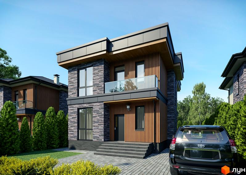 Котеджне містечко КМ Шале-Осокорки: двоповерховий будинок з цегляним та дерев'яним оздобленням, скляним балконом, розташований на фоні зелених насаджень та сусідніх будинків.