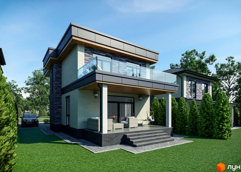 Котеджне містечко КМ Шале-Осокорки: двоповерховий будинок з балконом та терасою, облаштованою плетеними меблями, на тлі зеленого газону та дерев.