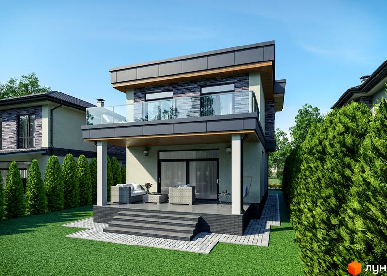 Котеджне містечко КМ Шале-Осокорки: двоповерховий будинок з терасою та скляним огородженням, зелена галявина та доглянуті туї.