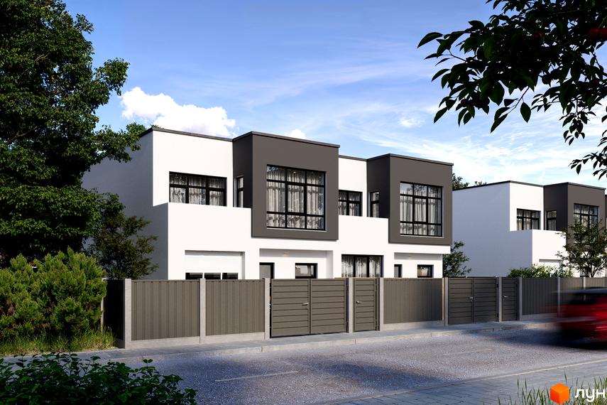 Зображення сторінки житлового комплексу Дуплекси „Sttk #16“. Білі будинки з темними вікнами та парканом, перед будинками асфальтована дорога.