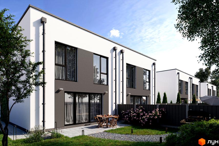 Зображення сторінки житлового комплексу Дуплекси „Sttk #16“. Двоповерхові будинки з темними вікнами та терасами, на прибудинковій території газон, дерева та зона відпочинку.