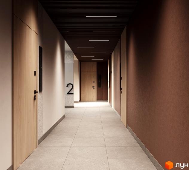 Інтер'єрний коридор житлового комплексу MARVEL Home з дерев'яними дверима, світлою підлогою та темною стелею з лінійним освітленням.