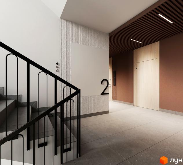 Інтер'єр сходової клітки та коридору Житлового комплексу MARVEL Home: сірі сходи, чорні поручні, світлі стіни та дерев'яна стеля.