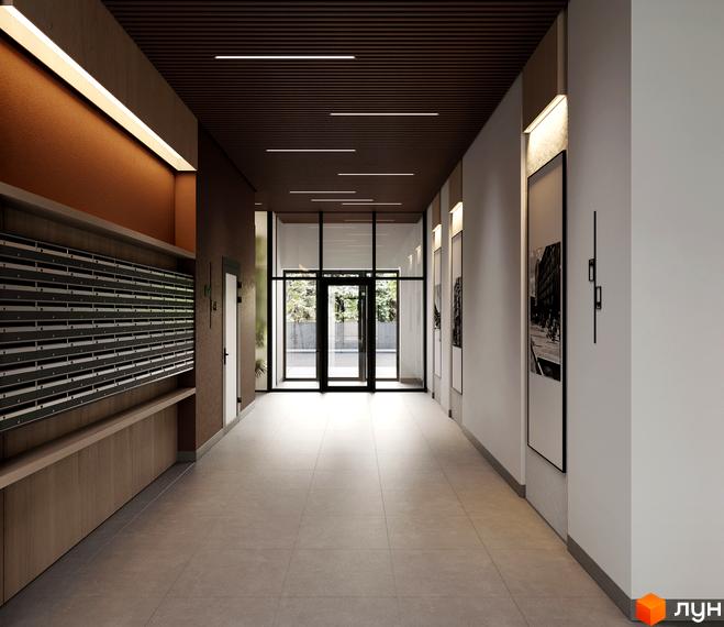 Вхідна група Житлового комплексу MARVEL Home з поштовими скриньками та прозорими дверима до двору.